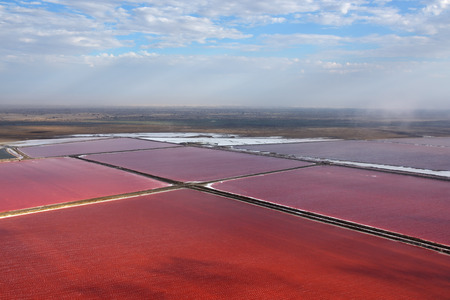 Salt manufacturing. Saltworks in Walvis bay, Namibia. Africa. Aerial viewの写真素材