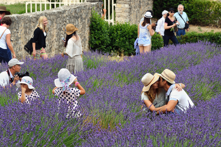Provence, France - July 7, 2014: Tourists in romantic lavender field of an ancient monastery Abbaye Notre-Dame de Senanque. Abbey of Senanque Is main attraction and most visited place in Vaucluseのeditorial素材