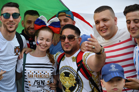 Moscow, Russia - June 23, 2018. World Cup 2018, football fans from different countries on the Nikolskaya streets of Moscow. FIFA world cup, Mundial 2018.のeditorial素材