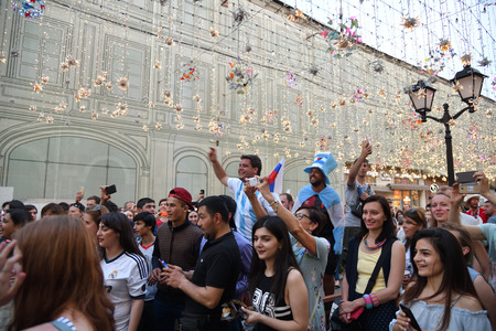 Moscow, Russia - June 23, 2018: Football fan from different countries on the streets of Moscow....