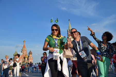 Moscow, Russia - June 26, 2018: Brazilian football fans on the Red Square in Moscow. FIFA world cup, Mundial 2018のeditorial素材