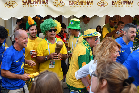 Moscow, Russia - June 26, 2018: Brazilian football fans on the  streets of Moscow. Soccer fans from abroad walking down the Nikolskaya streets in Moscow, FIFA world cup, Mundial 2018のeditorial素材