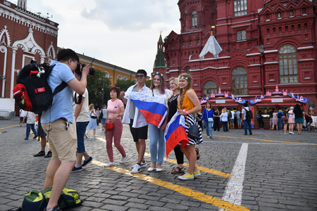 Moscow, Russia - June 29, 2018: Football fans from different countries on the Red Square in Moscow.  FIFA world cup, Mundial 2018のeditorial素材