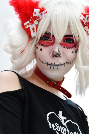 Moscow, Russia - June 29, 2018: Woman with sugar skull makeup during Dia de los Muertos Mexican carnival. Day of The Deadのeditorial素材