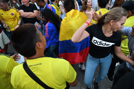 Moscow, Russia - June 23, 2018: Football fans from different countries dancing on the Nikolskaya street in Moscow, FIFA world cup, Mundial 2018のeditorial素材