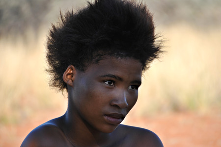 Kalahari, Namibia - Jan 24, 2016: Portrait of the woman from bushmen tribe. The San people, also...