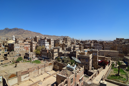 View on the old Sanaa. The old city of Sanaa is declared a UNESCO World heritage site now destroed due to civil warの写真素材
