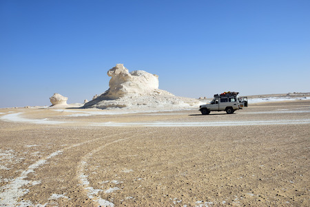 Sahara, Egypt - December 27, 2008: Off-road car shown in the White desert. Extreme desert safari is one of the main local tourist attraction in Egyptのeditorial素材
