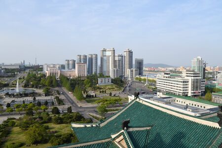 Pyongyang, North Korea - May 1, 2019: China New Mansudae district on background