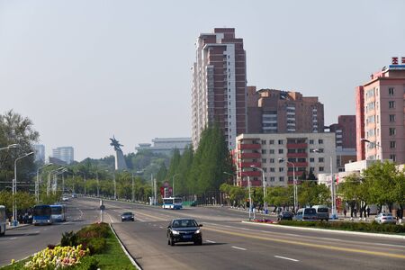 North Korea, Pyongyang - May 1, 2019: View on the city from Arch of Triumph and Chollima Statue on...