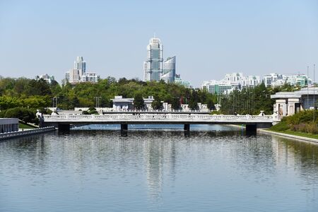 Pyongyang, North Korea - May 2, 2019: City skyline of Pyongyang, North Korea. Newly built Ryomyong Street on backgroundのeditorial素材