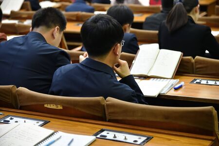 Pyongyang, North Korea - April 29, 2019: Students in the classroomのeditorial素材