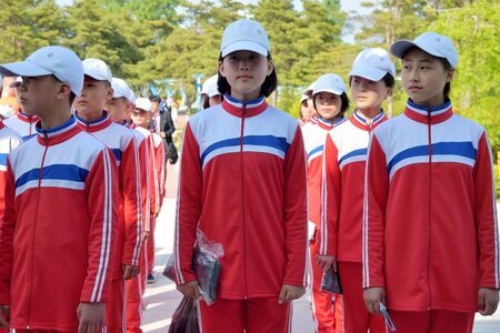 North Korea - May 3, 2019: Inside the Songdowon International Childrenâs Camp. Children in sports uniformのeditorial素材