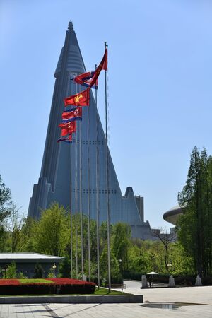 North Korea, Pyongyang - May 2, 2019: View on the Ryugyong Hotel, an unfinished 105-story pyramid-shaped skyscraper, the first tall building in Pyongyangのeditorial素材