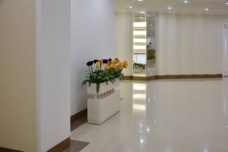 Myohyang, North Korea - April 30, 2019: Interiors of the modern Hyangsan Hotel. Hyangsan 5 star hotel is  the countrys best hotel. Built with Stalinist architecture in mind and at 15 stories tallのeditorial素材