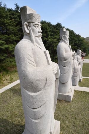 Kaesong, North Korea - May 5, 2019: Granite guard sculpture near Tomb of King Wanggon the founder of the Koryo dynasty. Modern replicaのeditorial素材