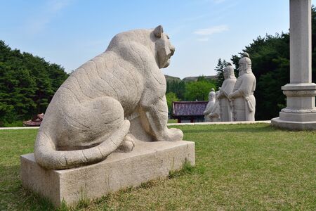 Kaesong, North Korea - May 5, 2019: Granite lion sculpture near Tomb of King Wanggon the founder of the Koryo dynasty. Modern replicaのeditorial素材