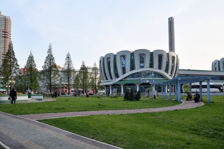 Pyongyang, North Korea - April 29, 2019: View on  the new residential complex in the street Ryomyong at twilightのeditorial素材