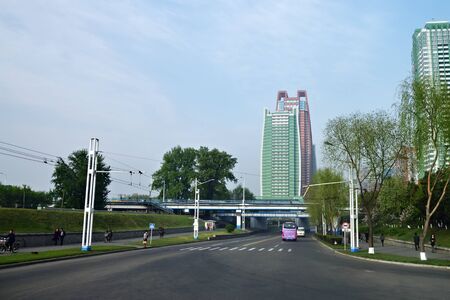 North Korea, Pyongyang - May 1, 2019: View on the city avenue and Pyongyang Mirae scientists street...