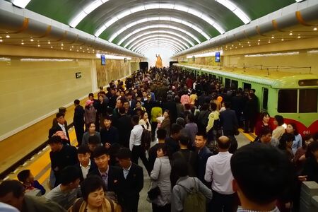 Pyongyang, North Korea - May 1, 2019: People at the subway station in Pyongyang Metroのeditorial素材