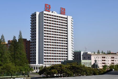 North Korea, Pyongyang - May 1, 2019: View of the modern buildings of an apartment house in downtown...
