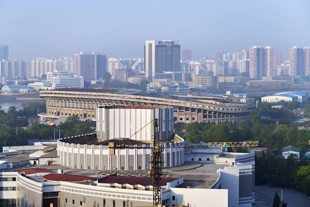 Pyongyang, North Korea - May 3, 2019:  The morning view on the city, Pyongyang International Cinema...