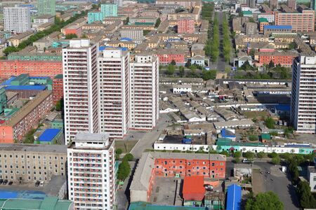 North Korea, Pyongyang - May 1, 2019: View on the city from Juche Tower at sunsetのeditorial素材