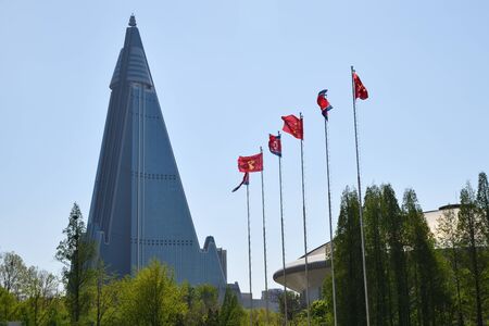 North Korea, Pyongyang - May 2, 2019: View on the Ryugyong Hotel, an unfinished 105-story...