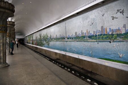Pyongyang, North Korea - May 1, 2019: People at the Yonggwang subway station. Pyongyang metro