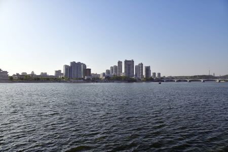 Pyongyang, North Korea - May 1, 2019: City skyline of Pyongyang and Taedong river at sunsetのeditorial素材