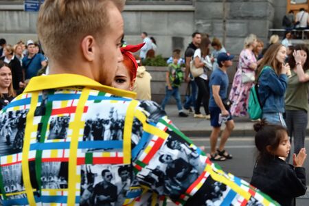 Moscow, Russia - Sept 7, 2019: Participants in a festive show on street in honor 872 anniversary of the founding of Moscow. Tverskaya Street. Selective focus on a girl eyeのeditorial素材