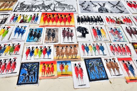 Kendwa, Zanzibar - October 3, 2019: African painting for sale on the Kendwa beach. Tanzania, Africaのeditorial素材
