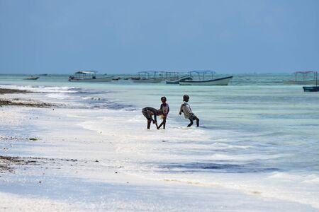 Pingwe, Zanzibar - October 6, 2019: Cheerful happy children on the Pingwe beach during low tide. Tanzania, Africaのeditorial素材