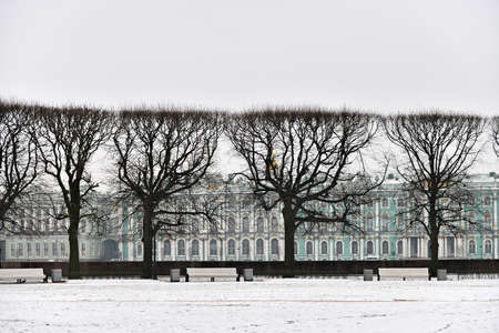 Saint Petersburg, Russia. Petersburg street winter panorama. Spit of Vasilievsky Island during snowfall. Petersburg architectureのeditorial素材