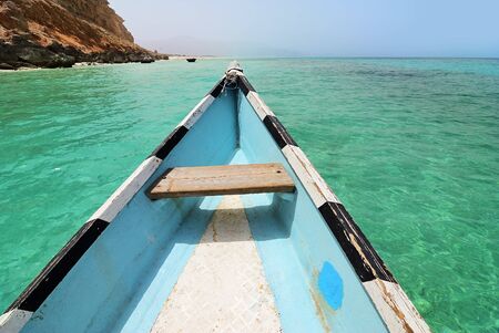Prow  the boat at Ras Shuab, Shuab Bay beach, one  the most famous beaches  the island  Socotra,    site since 2008 for its biodiversity. Yemen. Travel conceptの写真素材