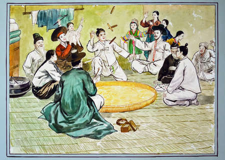 Kaesong, North Korea - May 5, 2019: Drawing depicting family playing dice. Old watercolor sketch by unknown korean native artist portraying scene from native life. Circa XIX centuryのeditorial素材