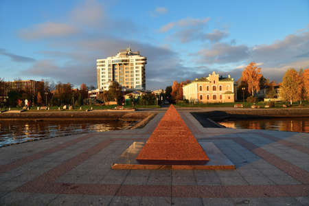 Petrozavodsk, Karelia, Russia - September 30, 2020: View on the city embankment and the modern hotel "Cosmos" from Onega lakeのeditorial素材