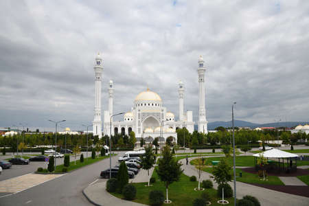 Shali, Chechnya Republic, Russia - September 10, 2021: White Mosque. Prophet Muhammad's Mosque...