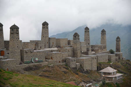 Chechnya. Russia - Sept 12, 2021: Restored towers and castle in Sharoy Historical and Architectural Complex. Medieval fortress XIII - XIX century with combat and residential towersのeditorial素材