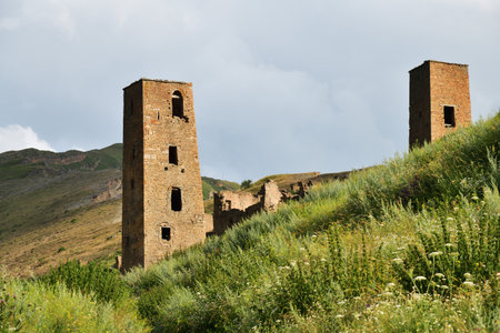 Ruins and towers of the abandoned village of Goor, Dagestan, Russia. Selective focus on the towersのeditorial素材