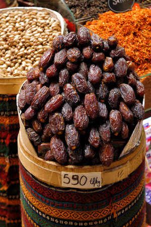 Dried fruits, sweetness, spices and dates sell on the Egyptian market in Istanbul, Turkeyの写真素材