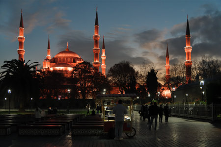 Istanbul, Turkey - December 12, 2023: The Blue Mosque at Night. Sultan Ahmet Mosque is a historic mosque is popularly known as the Blue Mosque for the blue tiles adorning the walls of its interiorのeditorial素材