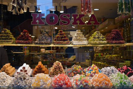 Istanbul, Turkey - December 11, 2023: Different kinds of Turkish delight sweets at the Koska store. KOSKA the famous Turkish confectionery producer since 1907のeditorial素材