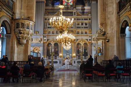 Istanbul, Turkey - December 10, 2023: liturgy in Aya Triada Rum Orthodox Kilisesi, or Aya Triada...