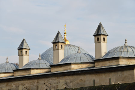 View on roofs and dome of the Blue Mosque. Sultan Ahmet Mosque is a historic mosque is popularly known as the Blue Mosque for the blue tiles adorning the walls of its interiorの写真素材