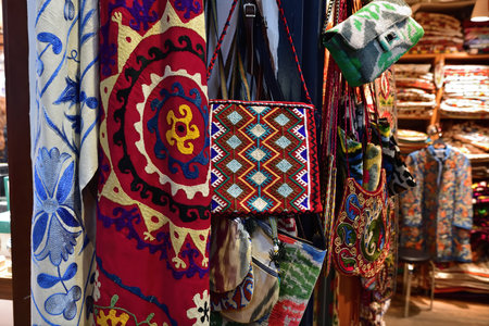 Multi-colored handmade Turkish goods for sale at Grand Bazaar in Istanbul Turkeyの写真素材