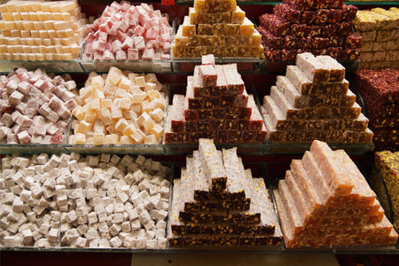 Turkish delight sweets at the Spice Market in Istanbul Turkeyの写真素材