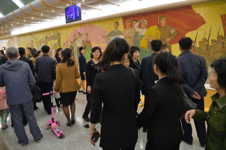 Pyongyang, North Korea - May 1, 2019: People at the Kaeson subway station in Pyongyang Metroのeditorial素材
