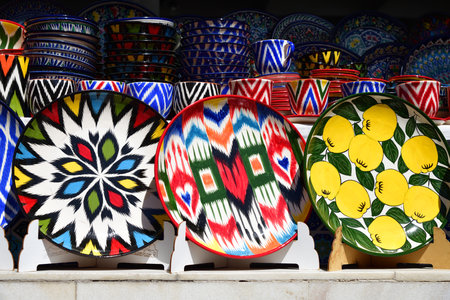 Sale of traditional Uzbek ceramic dishes and souvenirs at the Samarkand Siab bazaarの写真素材