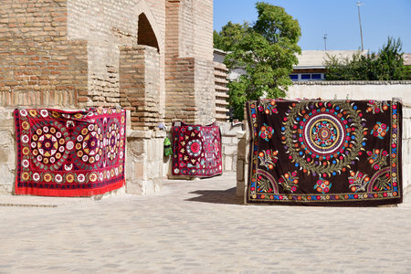 Shahrisabz, Uzbekistan. Oriental carpets on ruins of monument of Timurid Dynasty Dorus-Saodat....